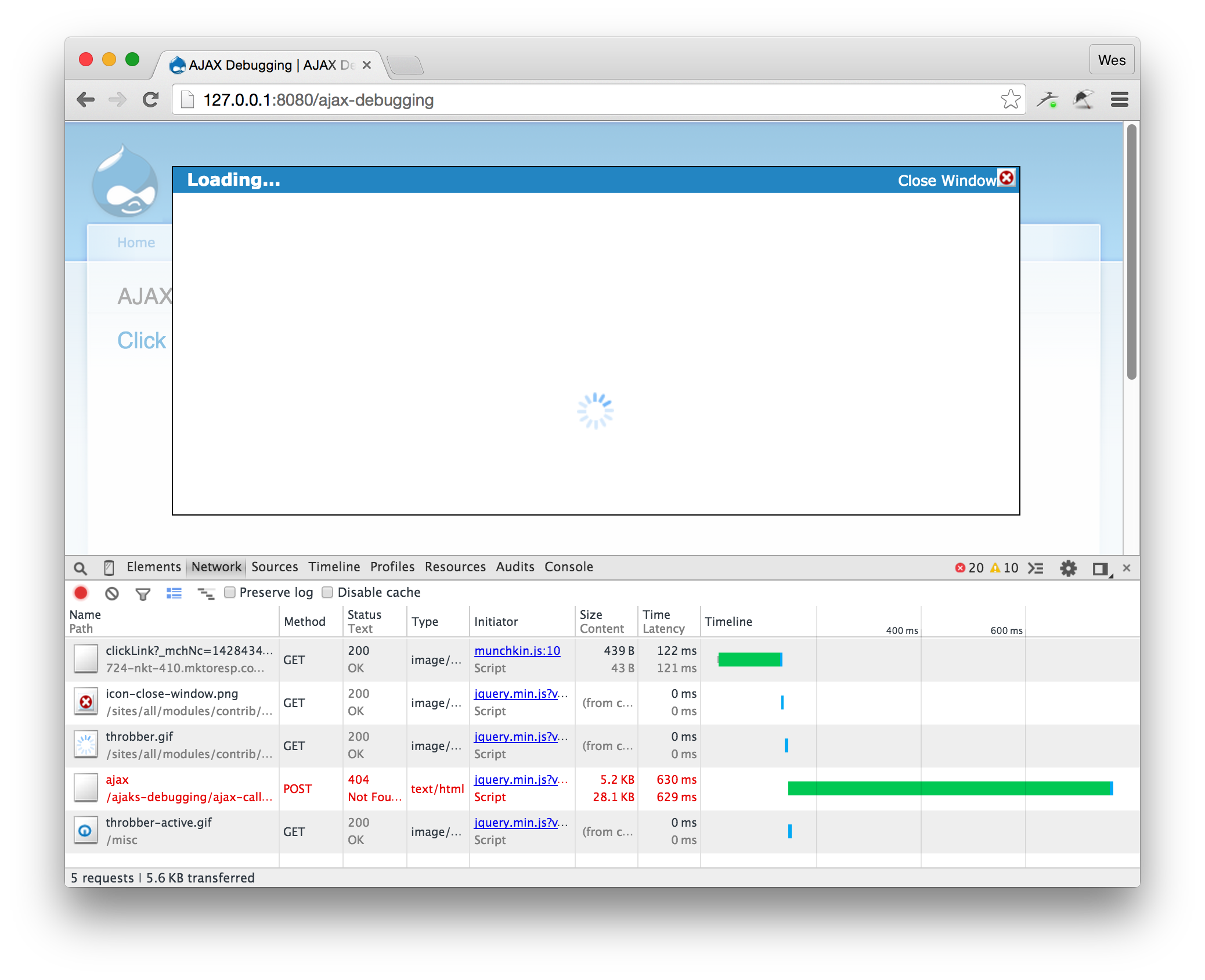 AJAX Debugging loading with network inspect