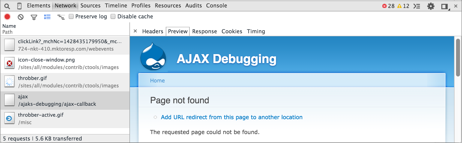 AJAX Debugging Page Not Found